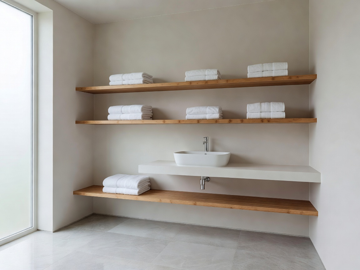 Beautiful spa style bathroom with wooden floating towel shelves and minimalist layout