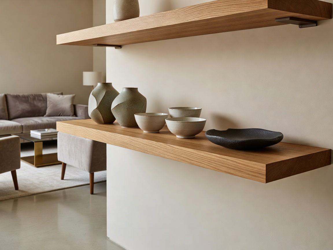 Beautiful white oak wooden floating shelf installed in high-end living room displaying custom ceramics