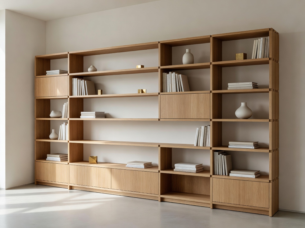 Beautifully configured full wall modular wooden shelving system inside minimalist designer office