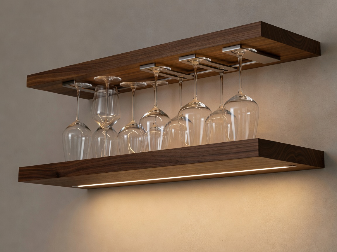 Bespoke floating shelf with integrated under-cabinet lighting system displaying wine glasses