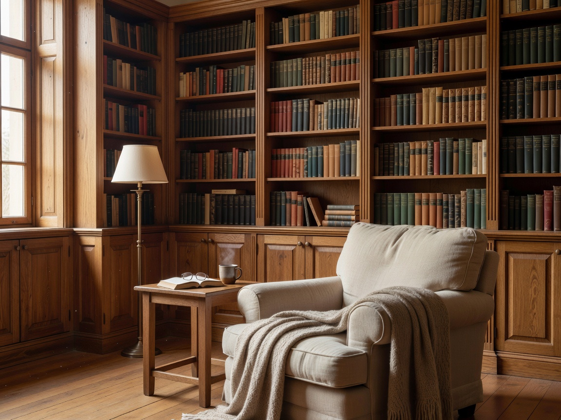 Cozy reading office space with architectural oak book shelves filled with literature