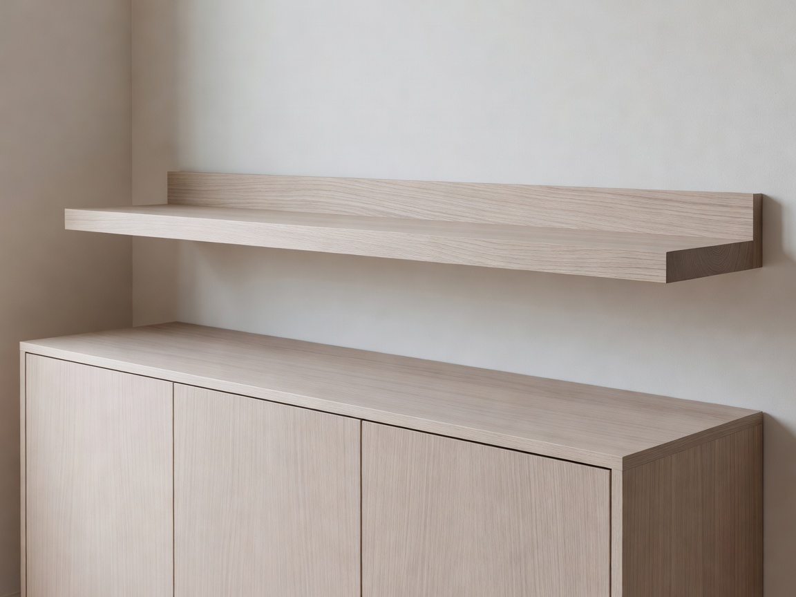 Exquisite light white oak floating shelf installed above minimal design cabinet