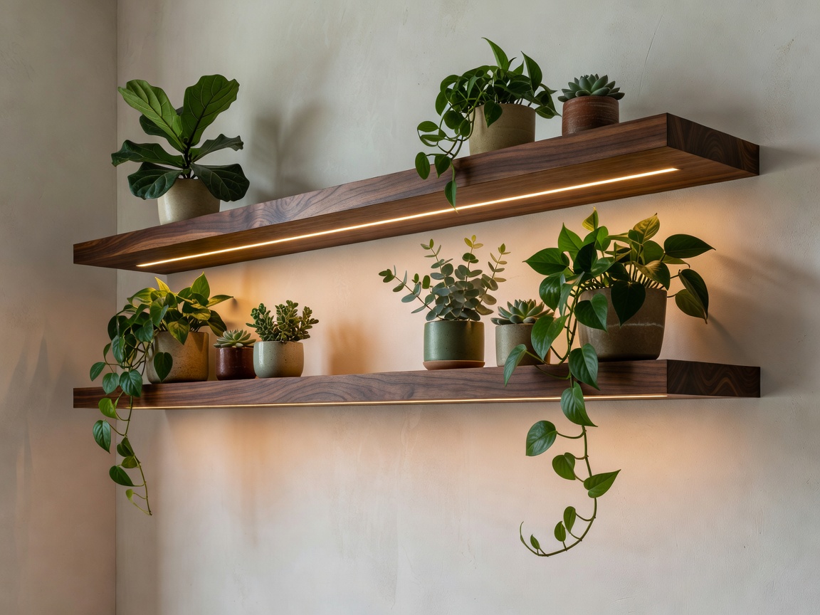 Exquisite shelf containing plants and glowing with architectural warm light