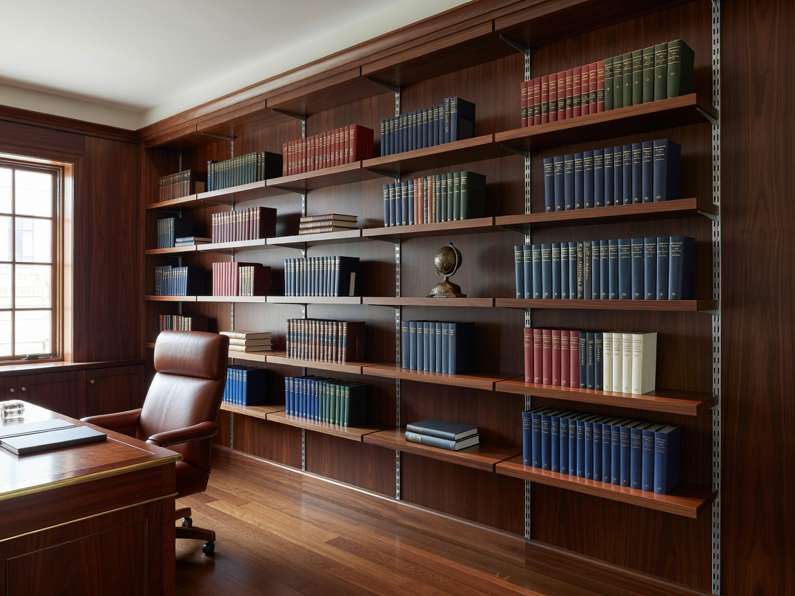 High adjustable wall modular tracking shelving systems in executive home library study