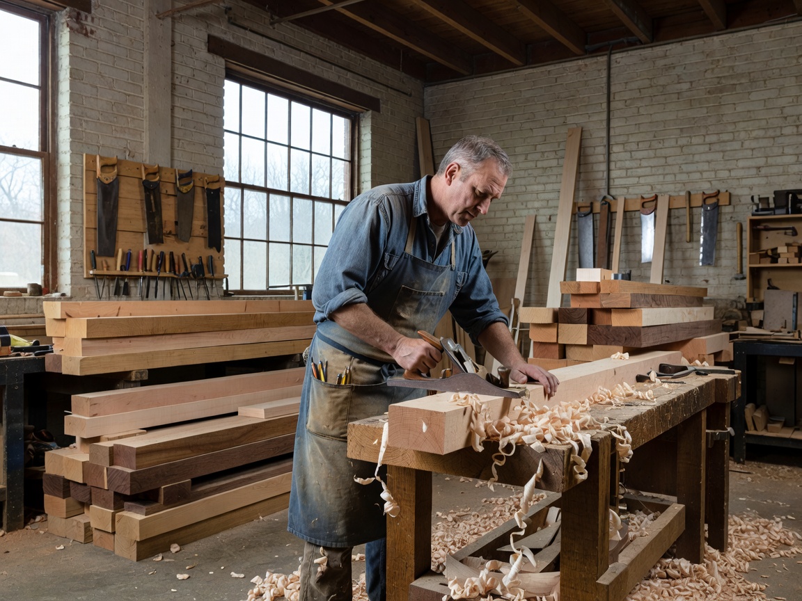 Master carpenter working inside Minneapolis woodworking studio with solid wood timbers