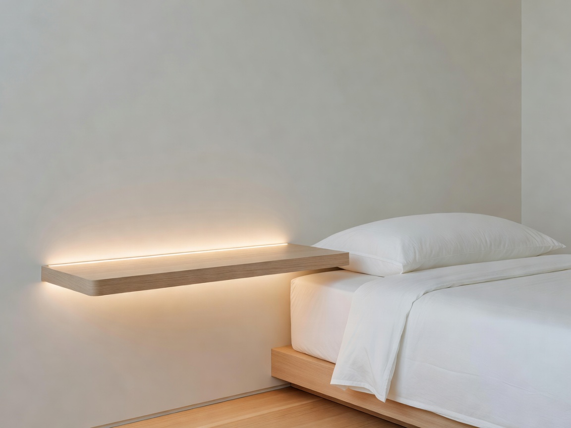 Minimal minimalist bedroom showing an elegant warm glowing shelf by the bedside