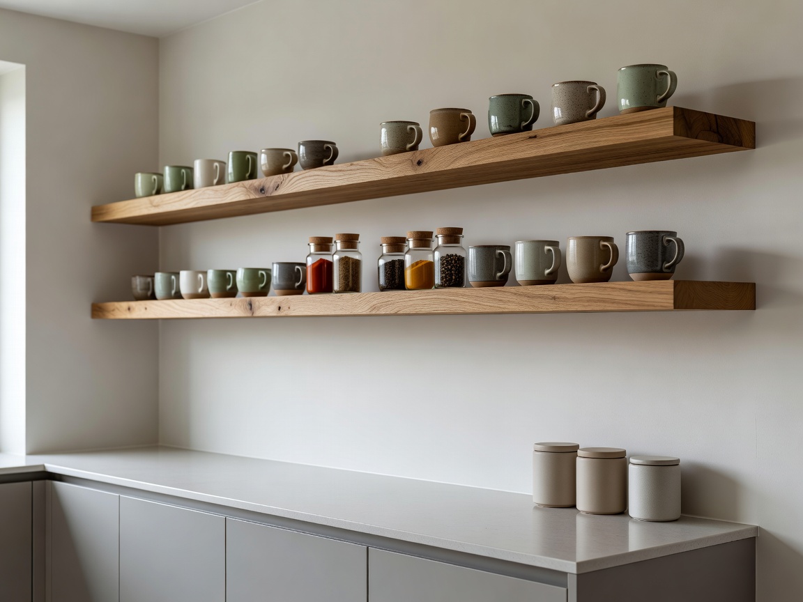 Modern open kitchen with floating solid oak shelves displaying ceramic cups and spice containers